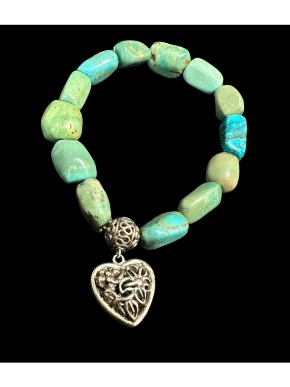 Vintage Whitney Kelly Turquoise 925 Stretch Bracelet Filigree Heart Charm
